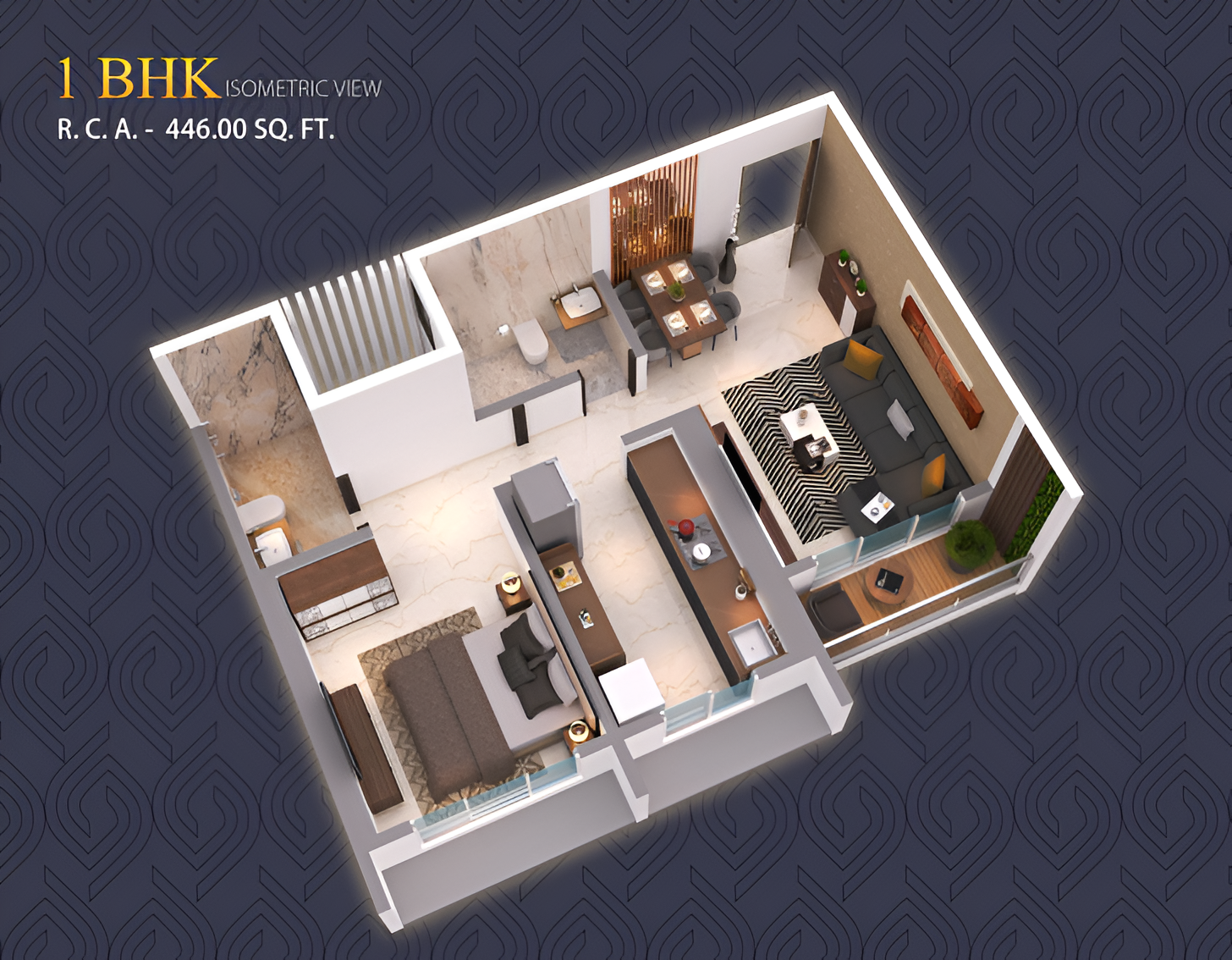 Savallya Sky Kanakia 1 BHK luxury apartment isometric view with smart interior planning.