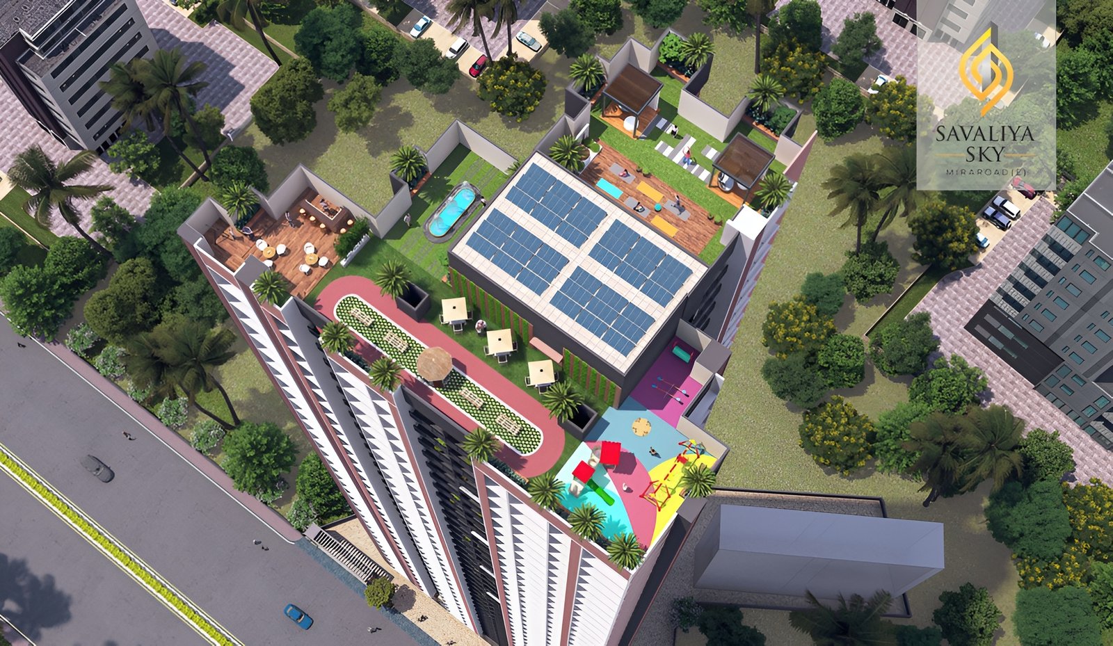 Savallya Sky Kanakia rooftop luxury amenities with garden track, kids zone, and solar rooftop.