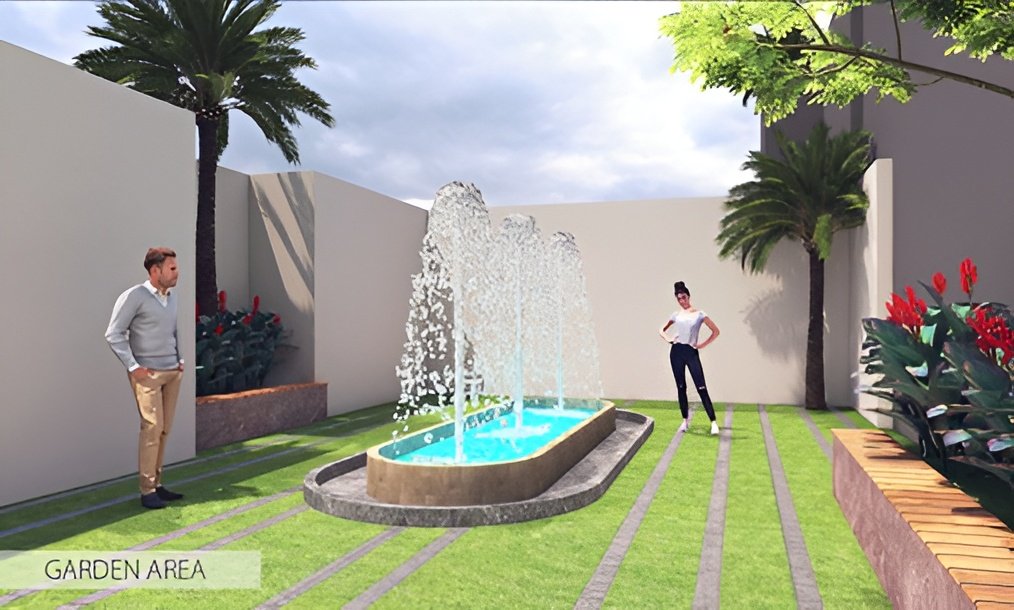 Savallya Sky Kanakia luxury residential project with landscaped garden area and water fountain feature
