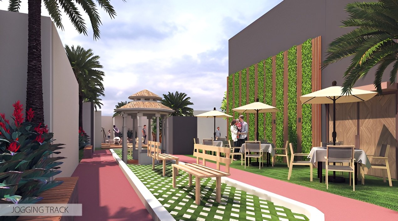 Savallya Sky Kanakia luxury residential project with landscaped jogging track and leisure seating area.