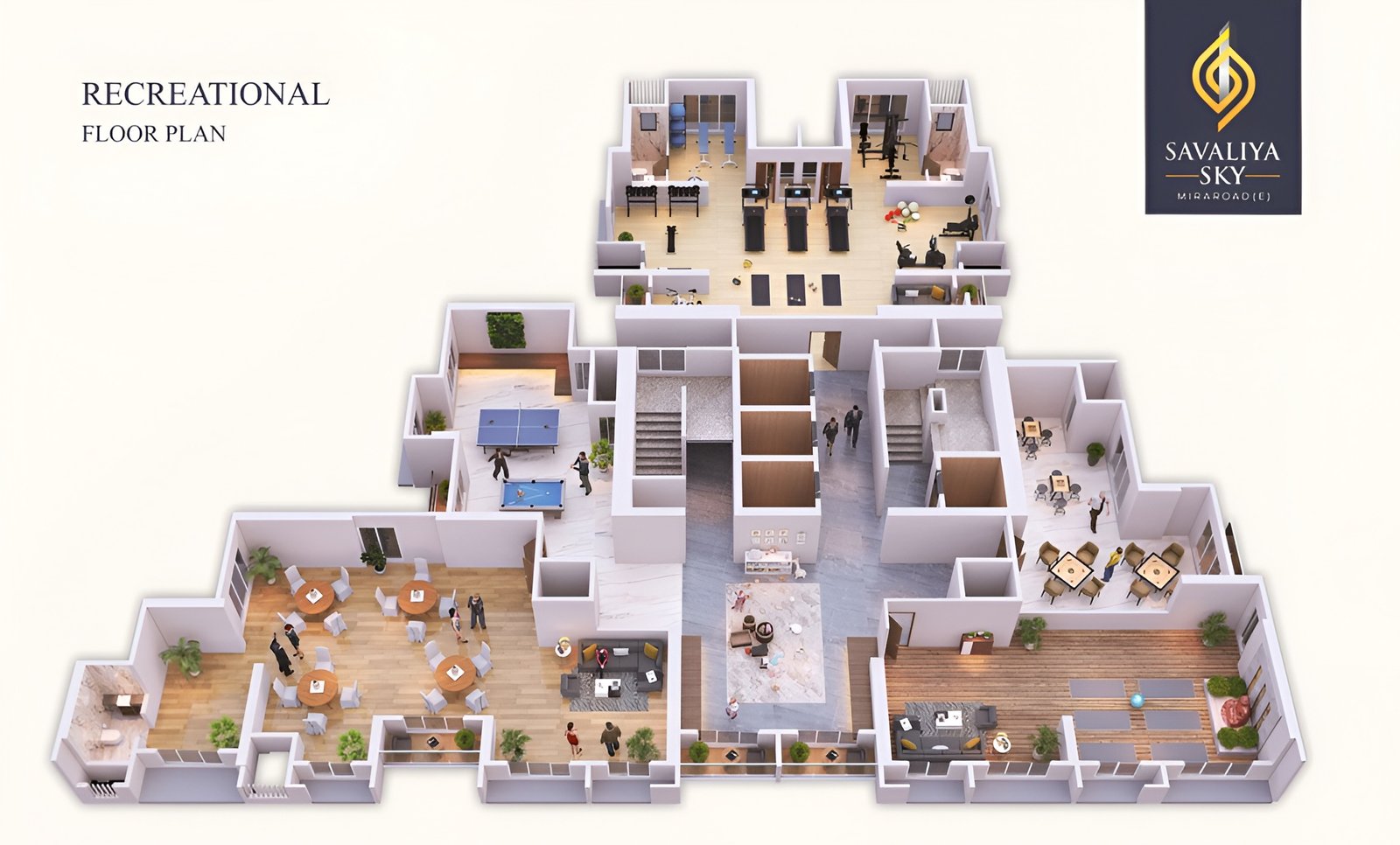 Savallya Sky Kanakia recreational floor plan with gym, lounge, indoor games and party zones.